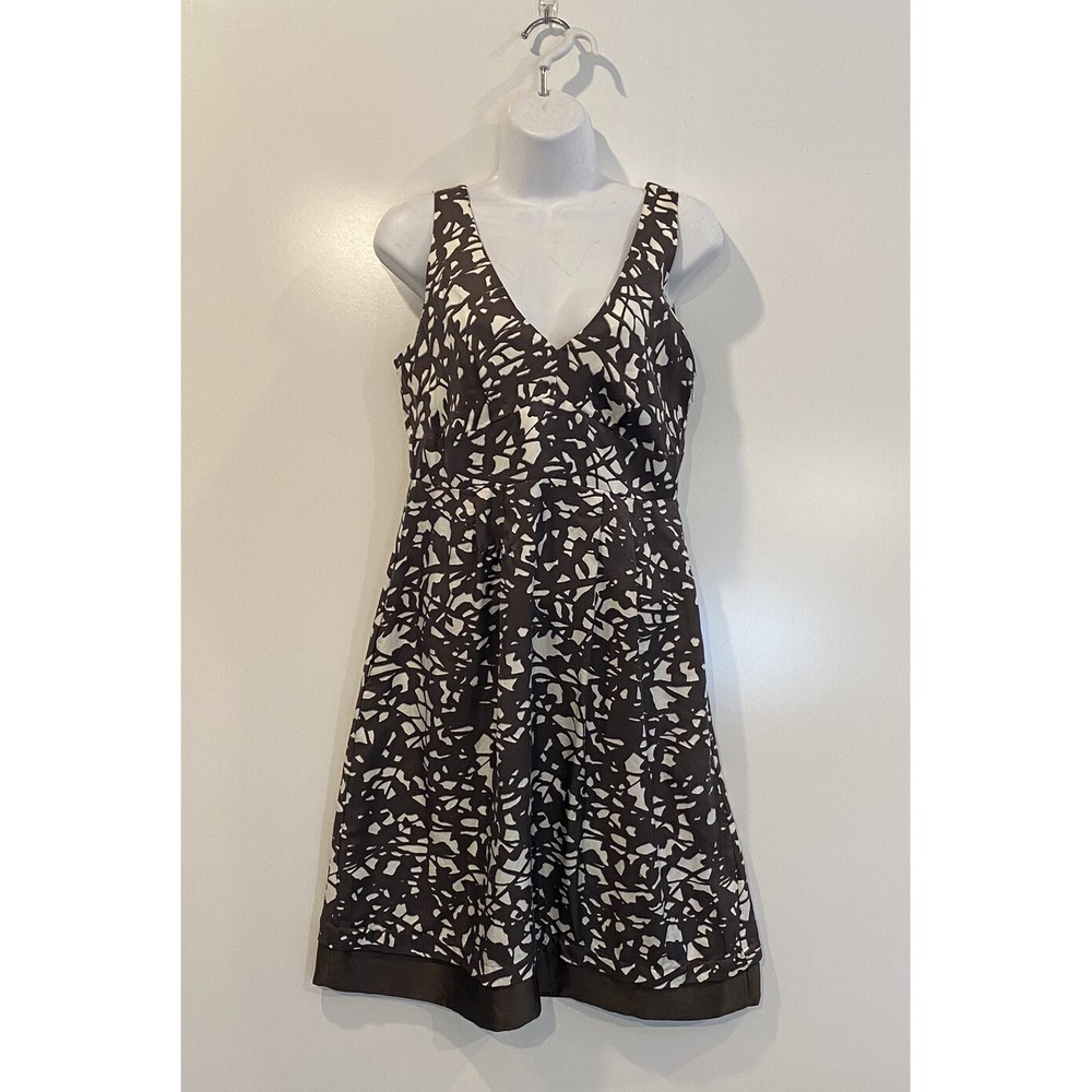 Banana Republic Silk Dress Brown White Abstract Mosaic V-Neck Womens Size 4‎